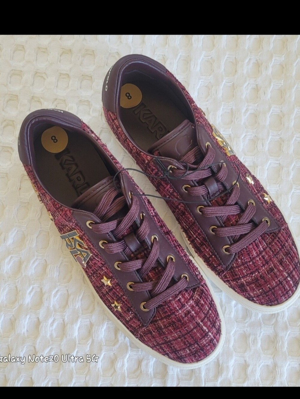 NWOB Karl Lagerfeld Paris Cate Pins Tweed Platform Sneakers Burgundy Size 8